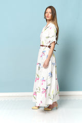 שמלה כותנה פרחים כפתורים