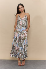 V+V שמלה קימוט מקסי הדפס