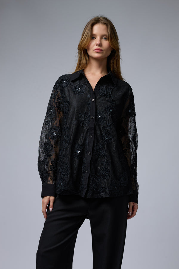 מכופתרת שילוב תחרה פרח