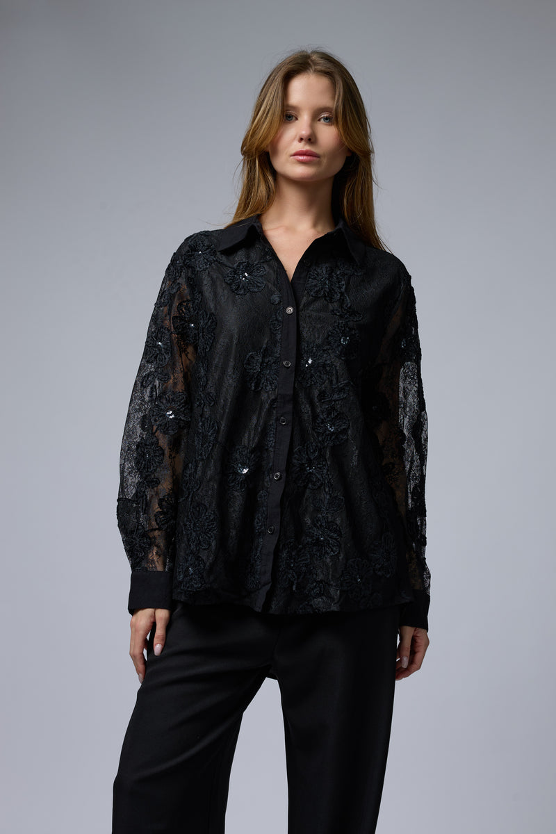 מכופתרת שילוב תחרה פרח