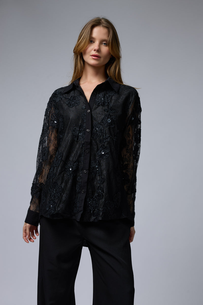 מכופתרת שילוב תחרה פרח