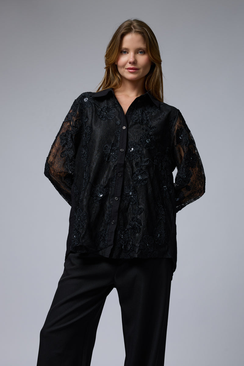 מכופתרת שילוב תחרה פרח